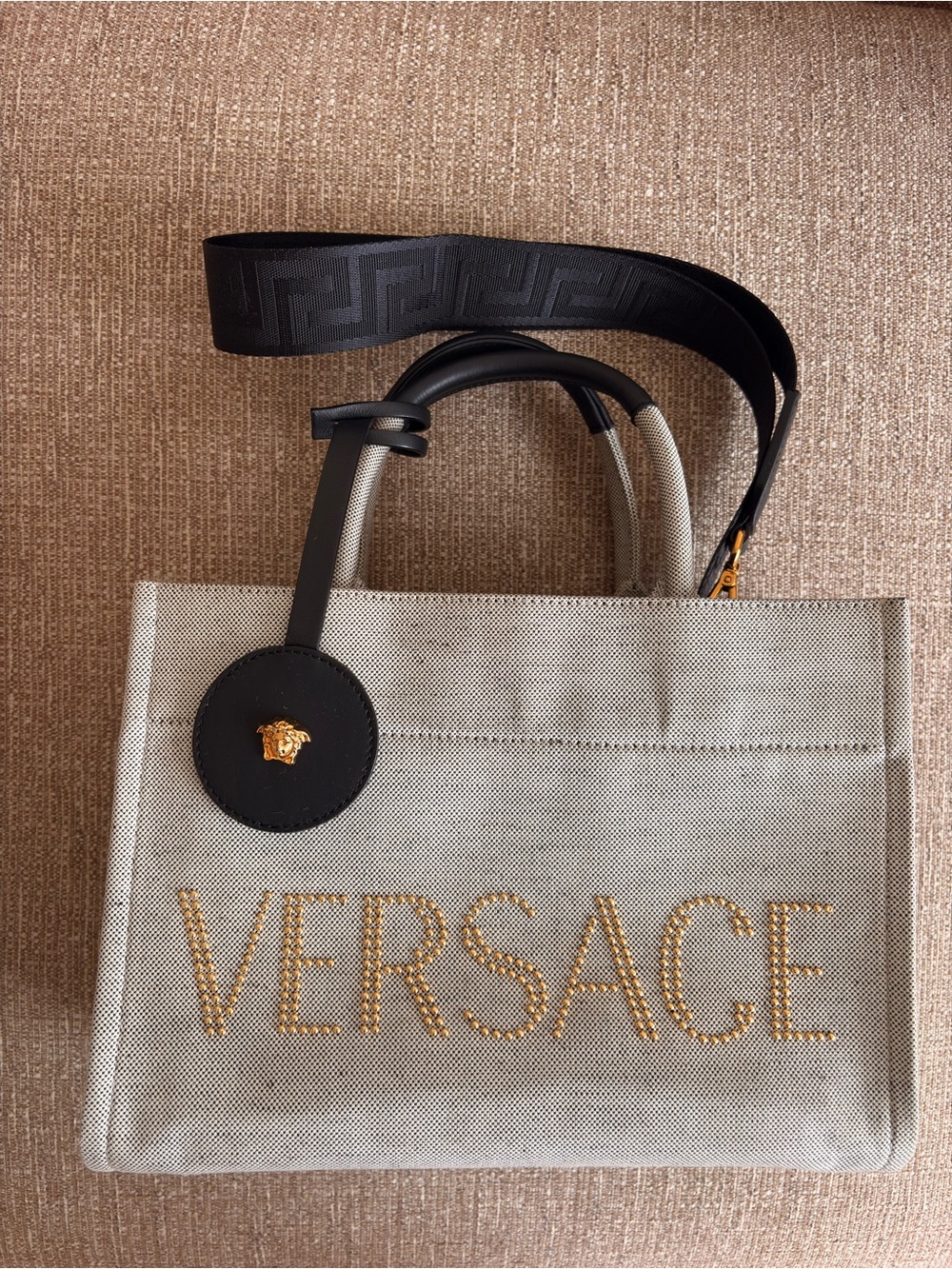 Versace Ecru Canvas Studded Logo Tote Bag NWT